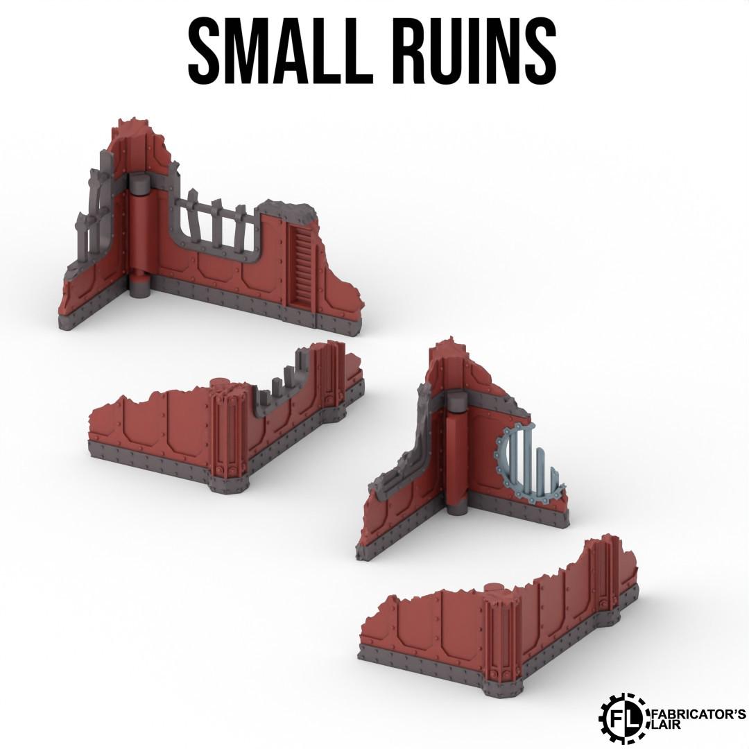 four small ruins, each with a distinct design and color scheme, arranged in a grid-like pattern against a white background.
