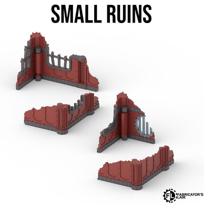 four small ruins, each with a distinct design and color scheme, arranged in a grid-like pattern against a white background.