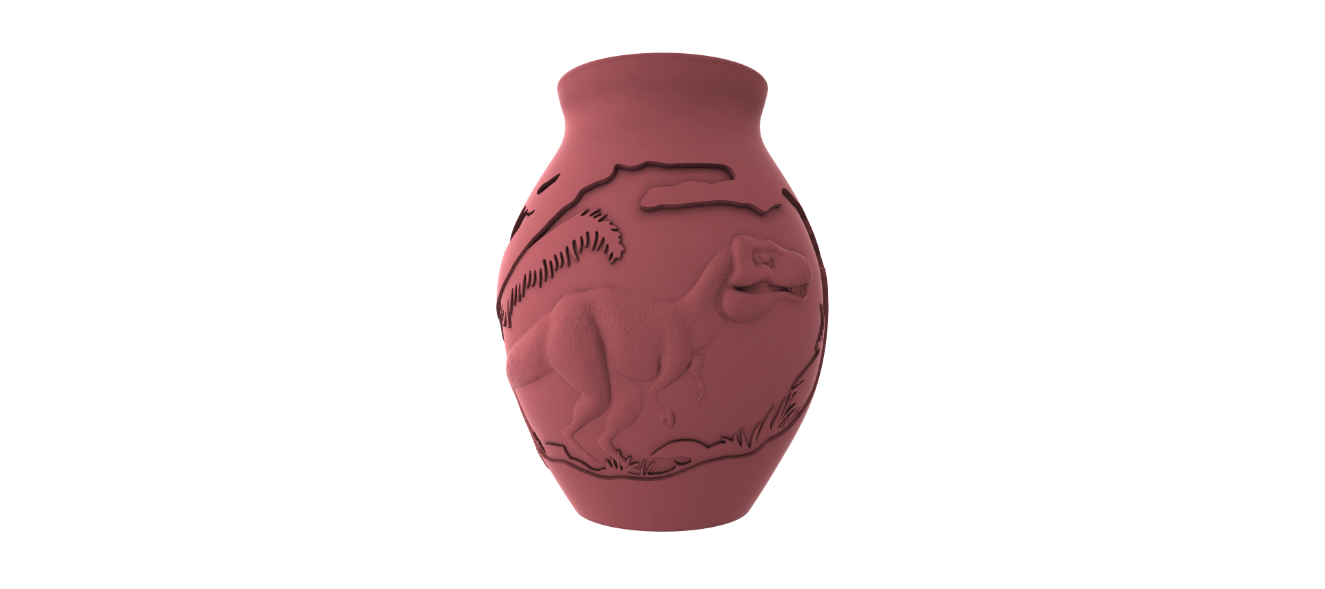 A pink ceramic vase with a dinosaur design on it.
