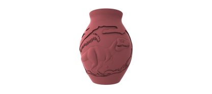 A pink ceramic vase with a dinosaur design on it.