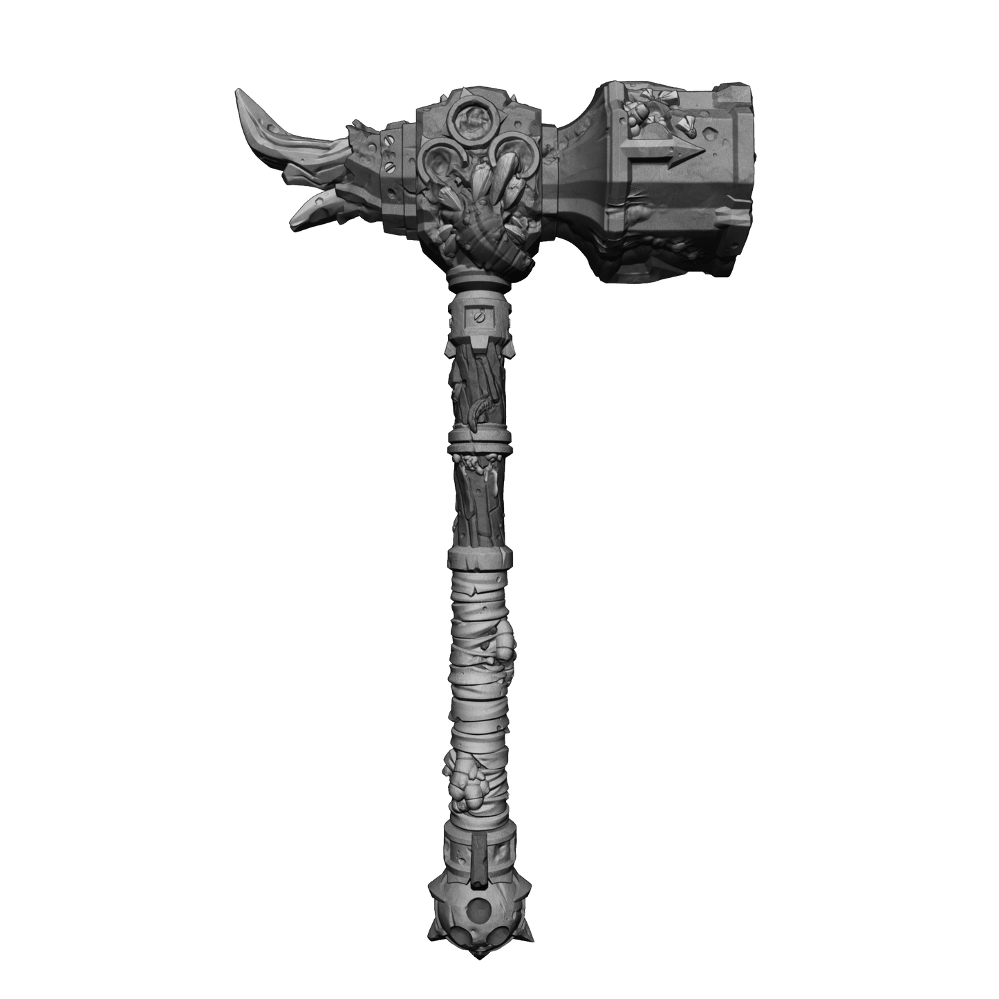 A detailed 3D rendering of a large, ornate hammer with intricate designs and decorations.