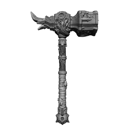 A detailed 3D rendering of a large, ornate hammer with intricate designs and decorations.