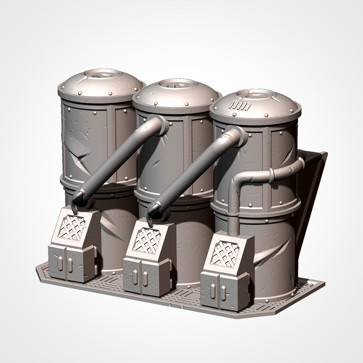 A 3D rendering of a metallic industrial machine with three cylindrical tanks and a control panel.