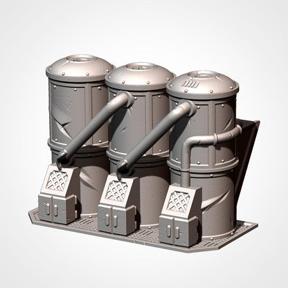 A 3D rendering of a metallic industrial machine with three cylindrical tanks and a control panel.