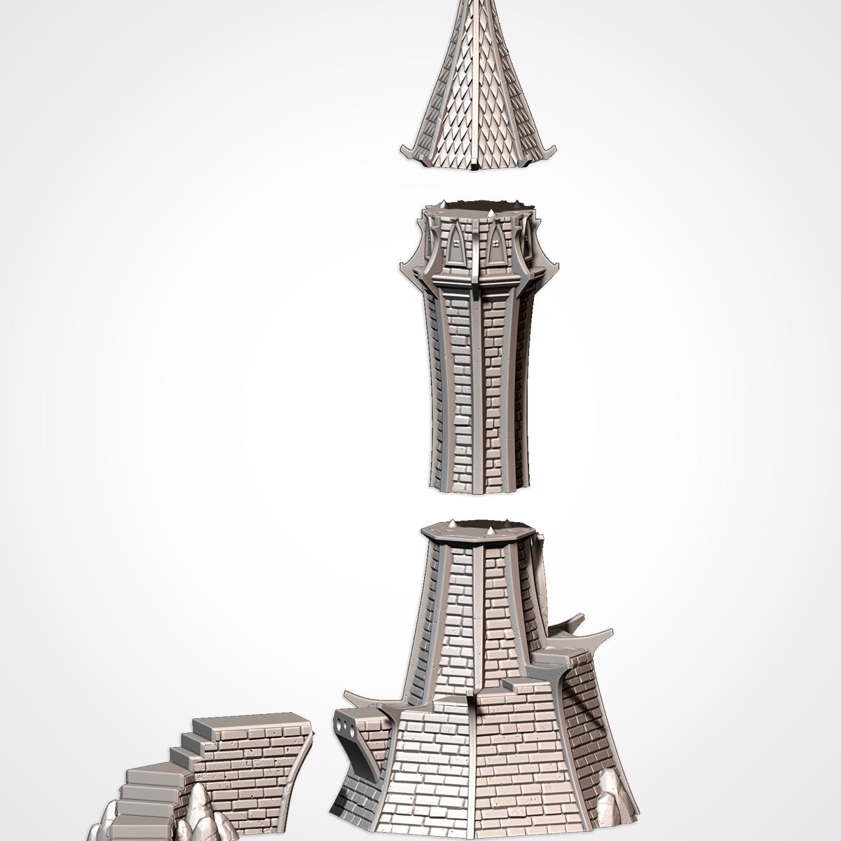 A 3D rendering of a tall, ornate tower with a pointed roof and intricate architectural details.