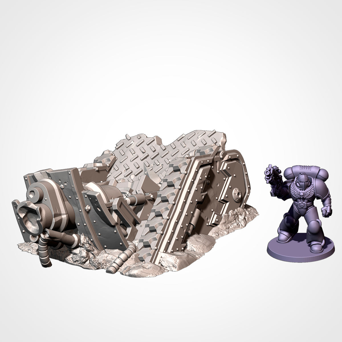 A 3D rendering of a damaged and chaotic structure, with various metallic components and debris scattered around. Next to the structure, there is a small figurine of a character, likely a space marine, standing in front of it.