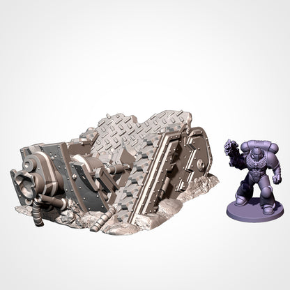 A 3D rendering of a damaged and chaotic structure, with various metallic components and debris scattered around. Next to the structure, there is a small figurine of a character, likely a space marine, standing in front of it.