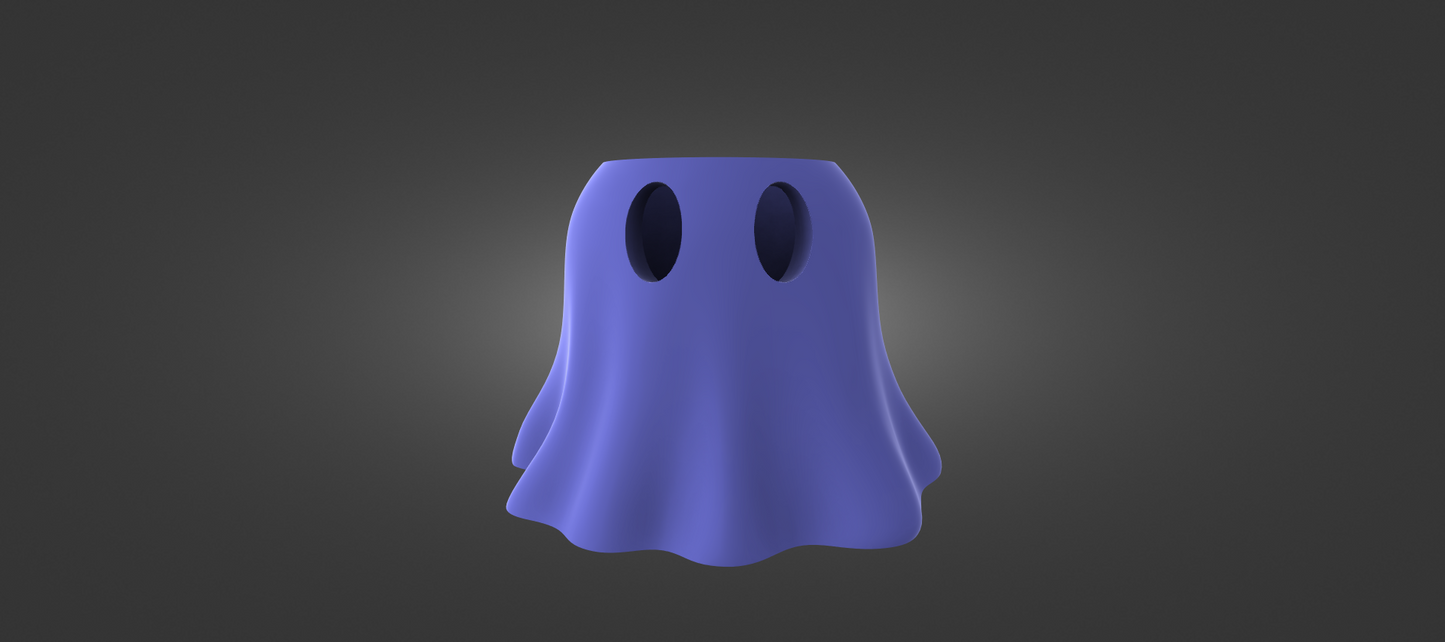A 3D rendering of a purple ghost with two circular holes on its head, standing against a dark background.