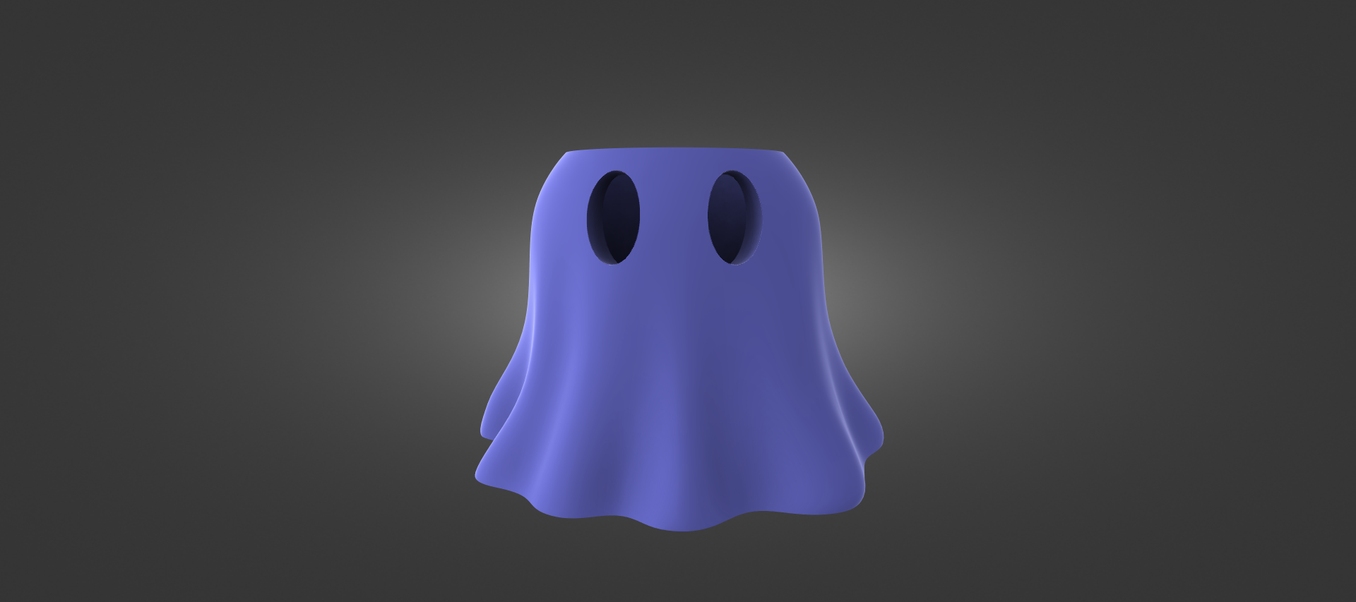 A 3D rendering of a purple ghost with two circular holes on its head, standing against a dark background.