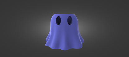 A 3D rendering of a purple ghost with two circular holes on its head, standing against a dark background.