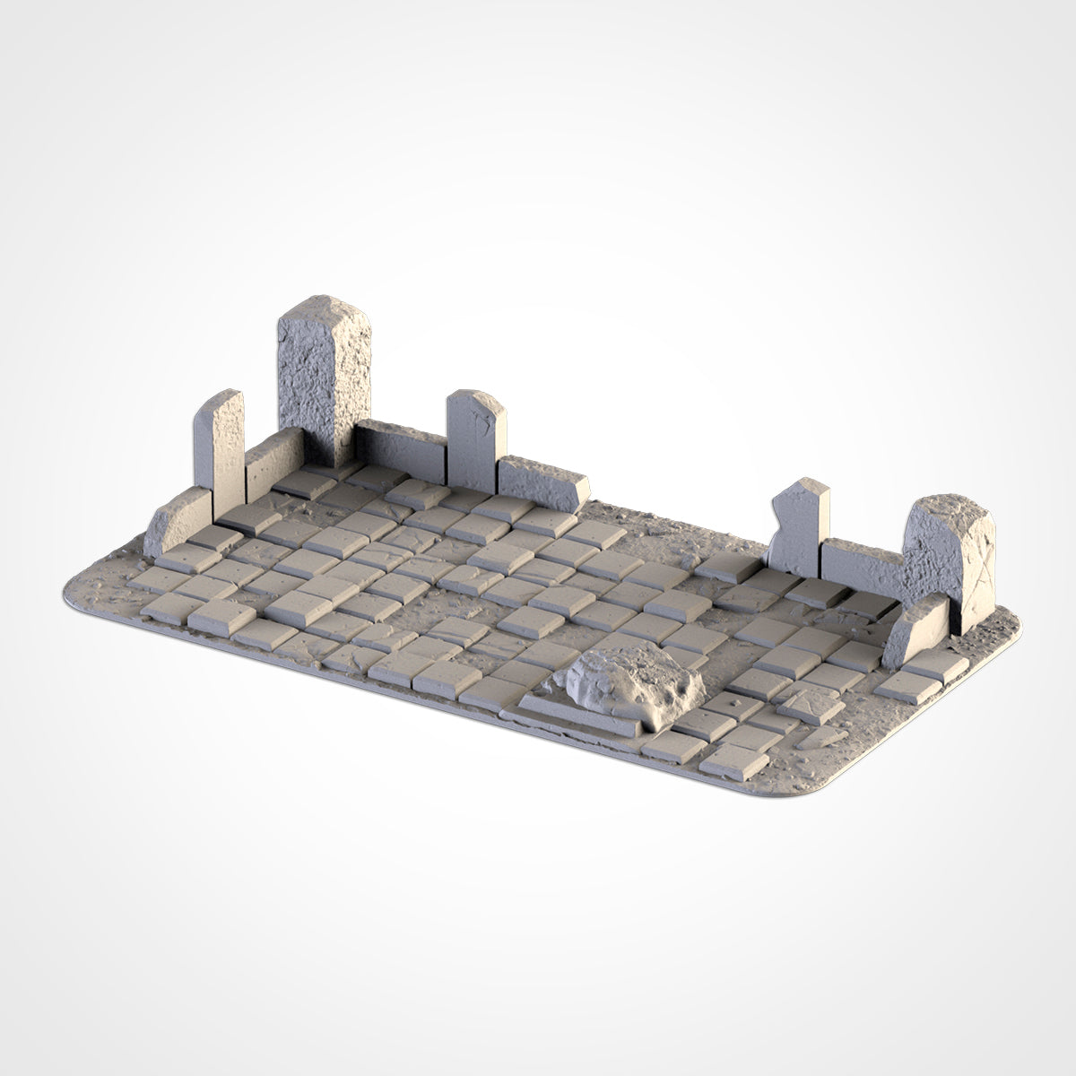 A 3D rendering of a stone-like surface with a grid-like pattern, resembling a mosaic or a tiled floor.