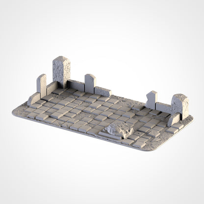 A 3D rendering of a stone-like surface with a grid-like pattern, resembling a mosaic or a tiled floor.