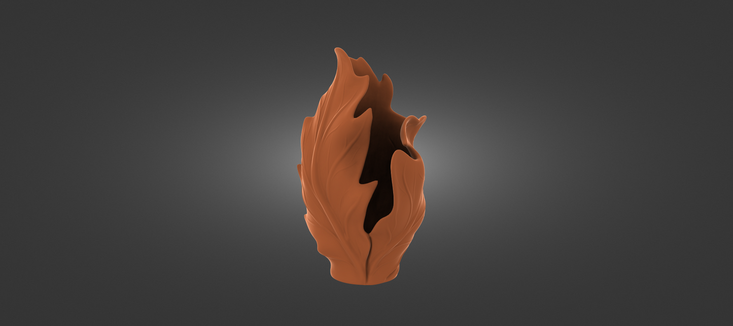 An orange, abstract sculpture resembling a flame or flower shape stands out against a dark background.