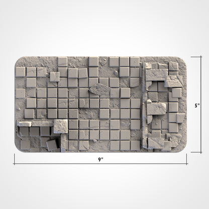 The image is a 3D rendering of a broken or damaged surface composed of small square tiles or blocks.