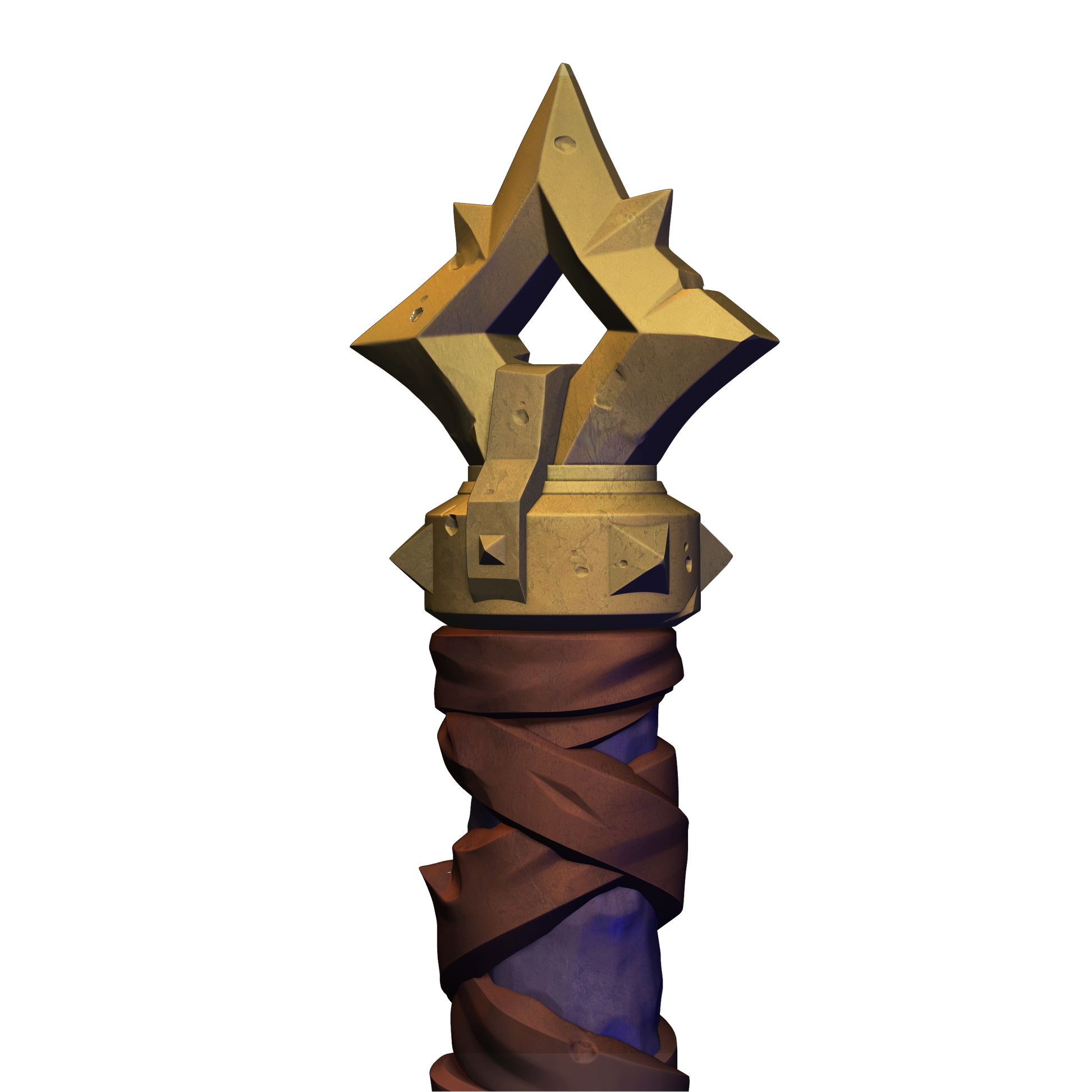 A 3D rendering of a golden, pointed object with a pointed top and a curved base, possibly a weapon or tool.
