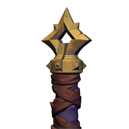 A 3D rendering of a golden, pointed object with a pointed top and a curved base, possibly a weapon or tool.