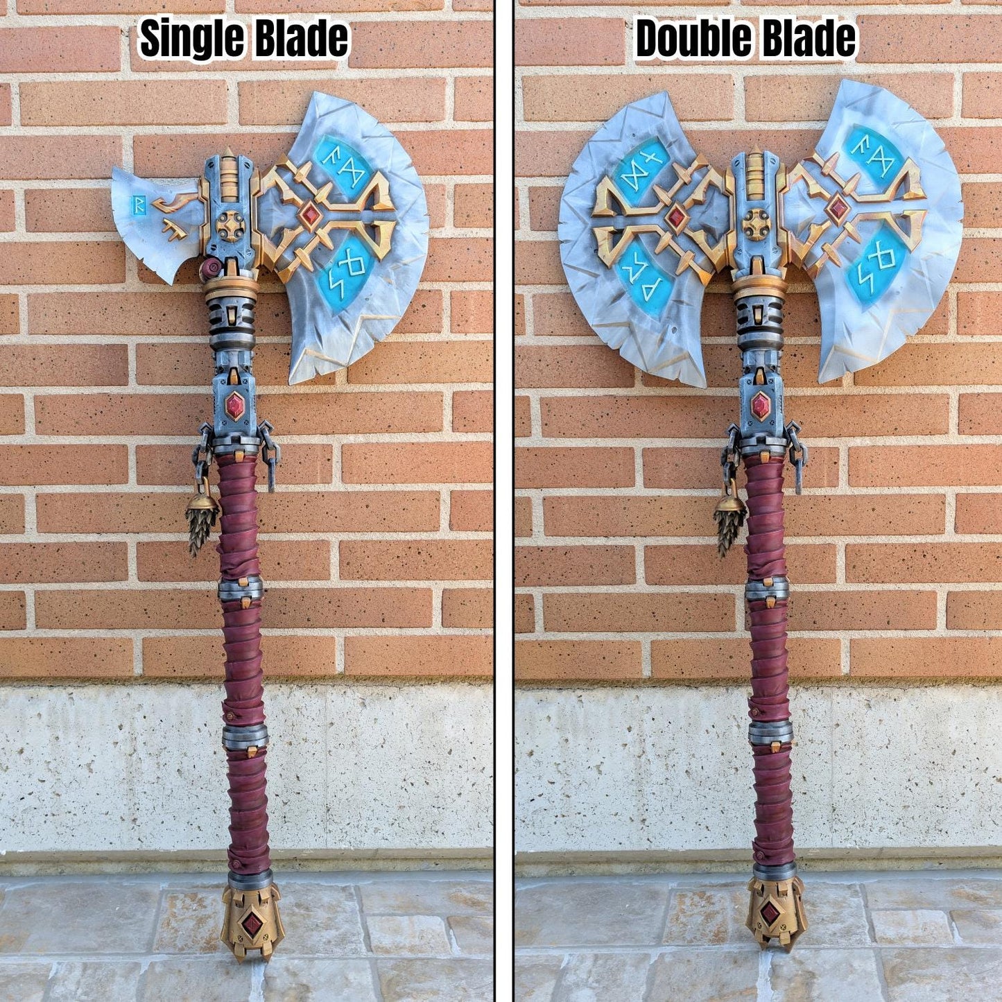 two different types of swords against a brick wall. One sword has a single blade, while the other has a double blade.