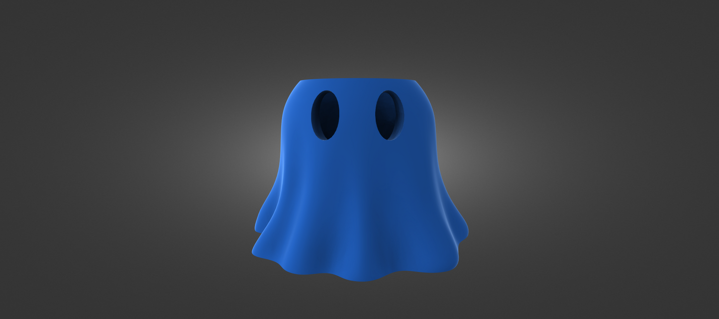 A blue ghost with two holes on its head is standing against a dark background.