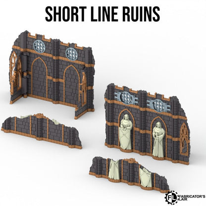 three pieces of short line ruins, which are small-scale models of medieval castle walls or fortifications. The ruins are made of brick or stone and feature arched doorways and windows. The text "SHORT LINE RUINS" is displayed above the ruins, indicating the type of structure depicted.