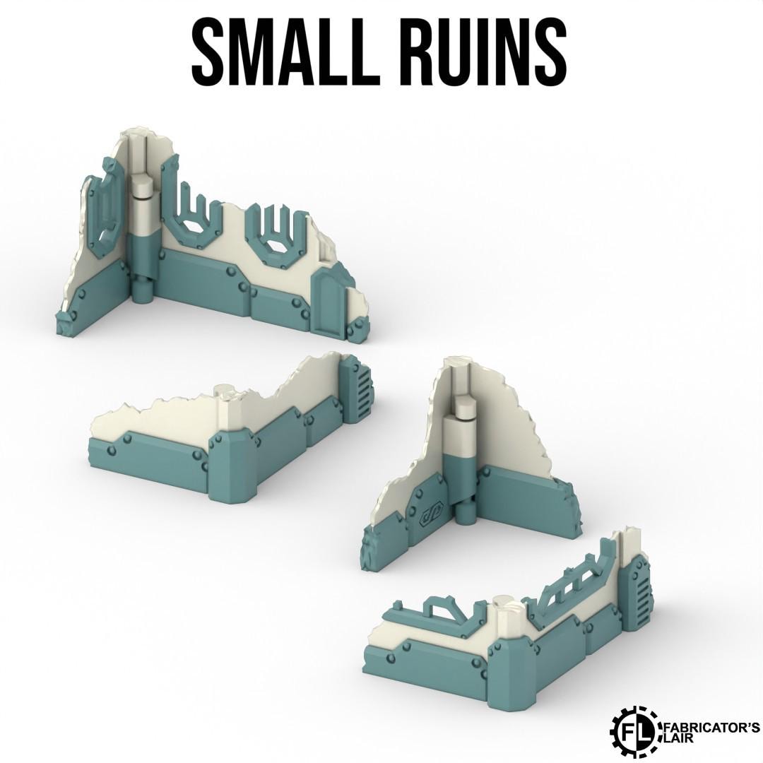 three small ruins, each with a unique design and color scheme, arranged in a row against a white background.