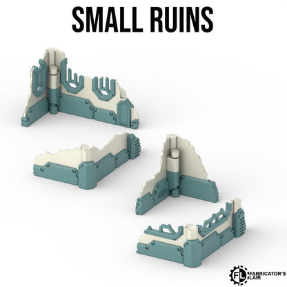 three small ruins, each with a unique design and color scheme, arranged in a row against a white background.
