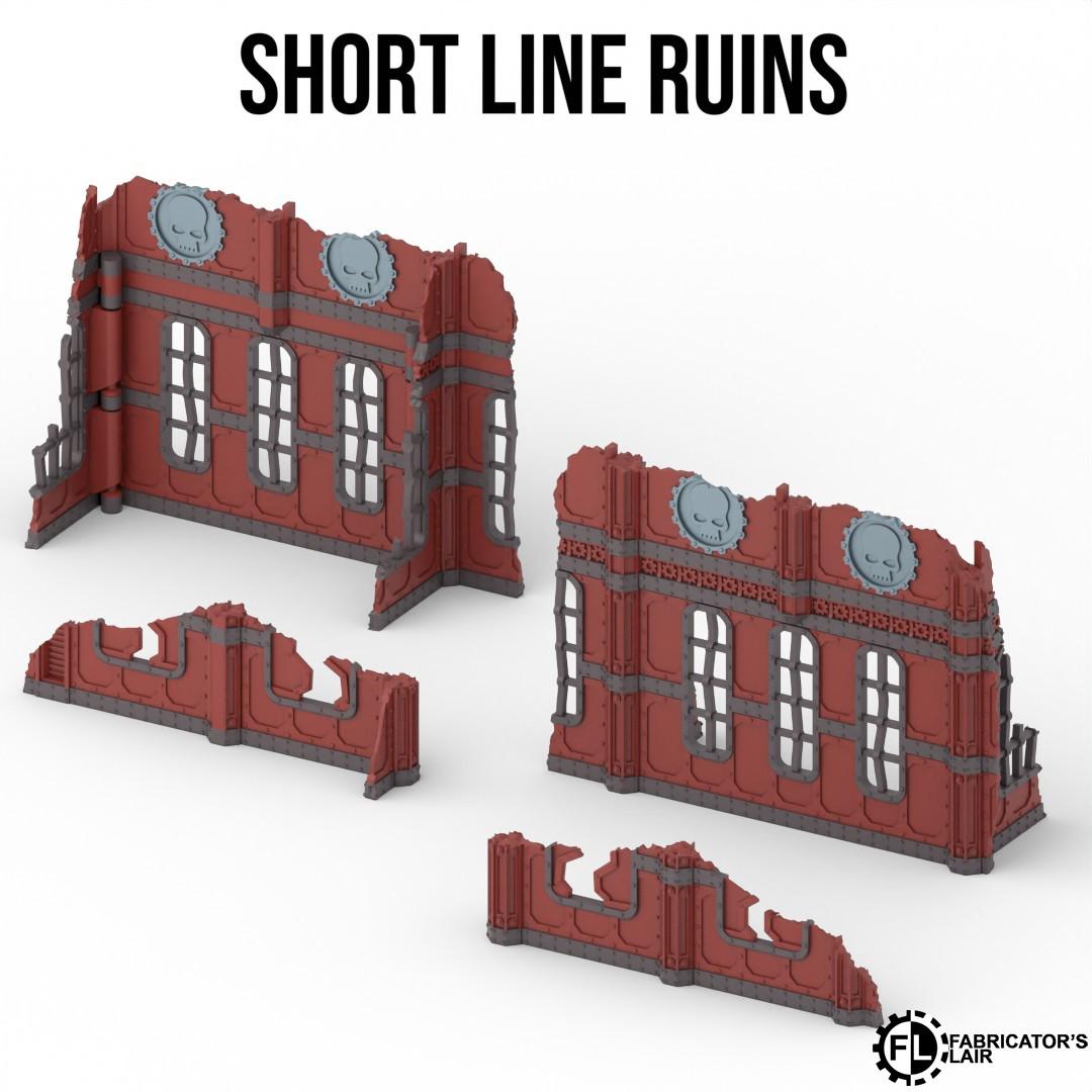 three damaged red and gray structures, possibly ruins or broken walls, with various fractures and missing sections.