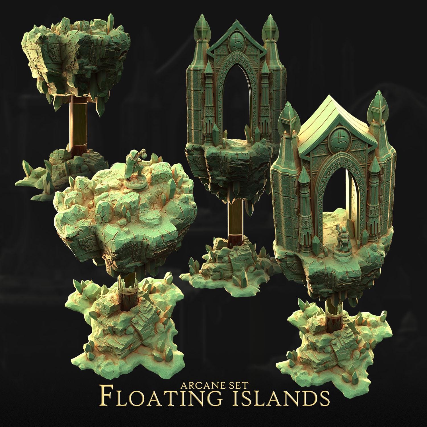 The image is a 3D rendering of a floating island set, featuring various fantastical structures and landscapes.