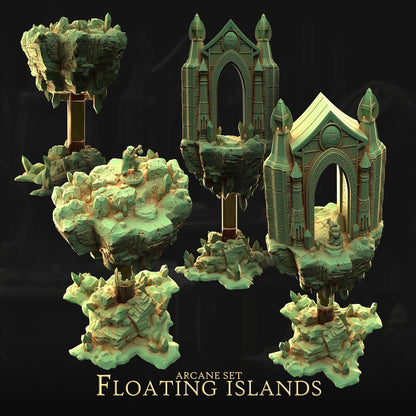 The image is a 3D rendering of a floating island set, featuring various fantastical structures and landscapes.