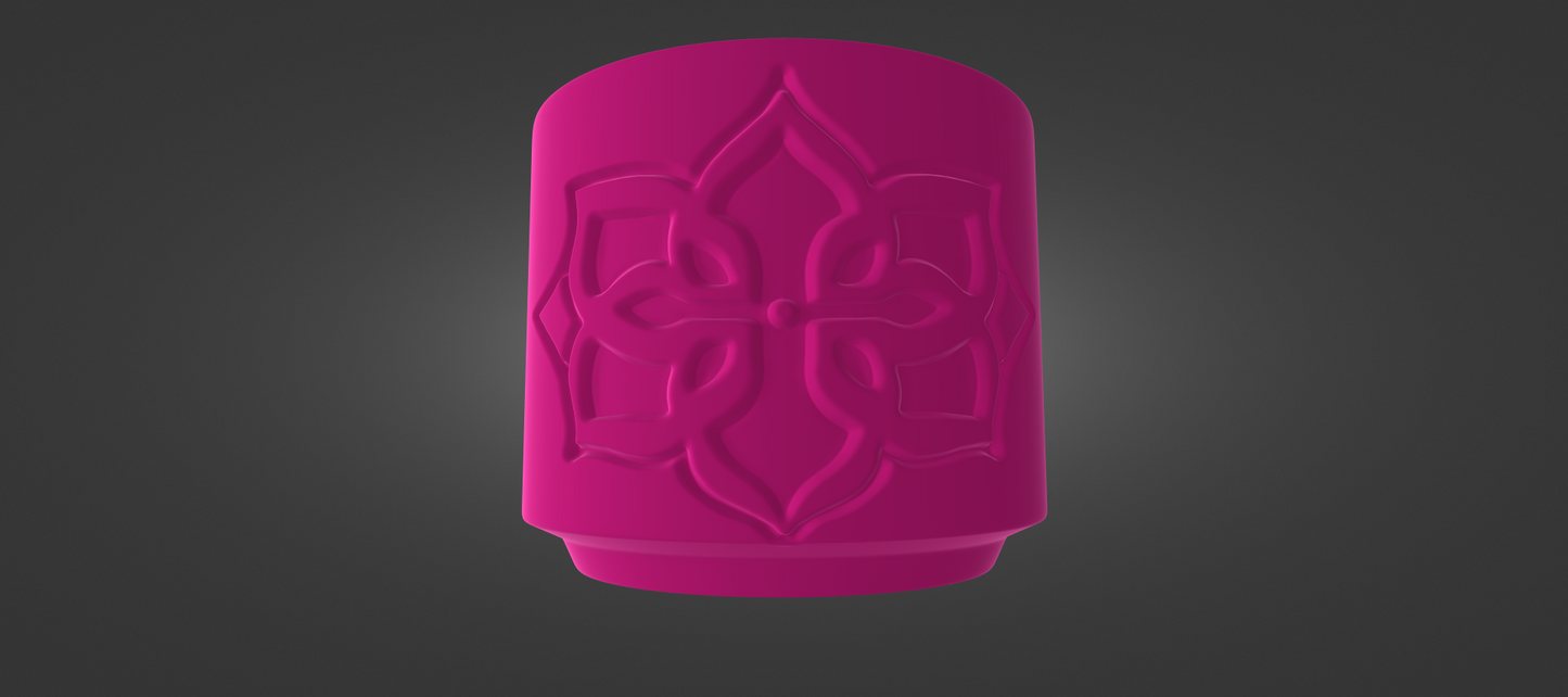 A 3D rendering of a pink object with an intricate floral design on it.
