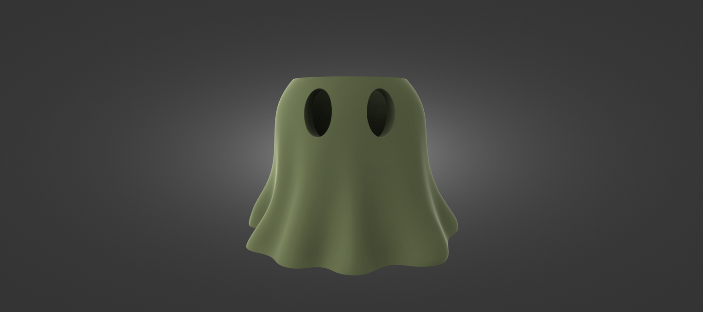A green ghost with two holes on its head is standing against a dark background.