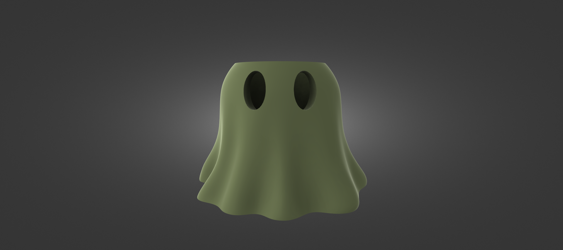 A green ghost with two holes on its head is standing against a dark background.