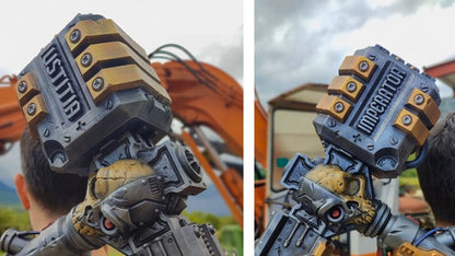 a close-up view of a mechanical arm or device with a metallic, futuristic appearance. The device has a textured surface and appears to be made of metal or other materials. The image is a collage of two separate shots, with the left side showing a close-up view of the device and the right side providing a wider perspective of the device in its surroundings.