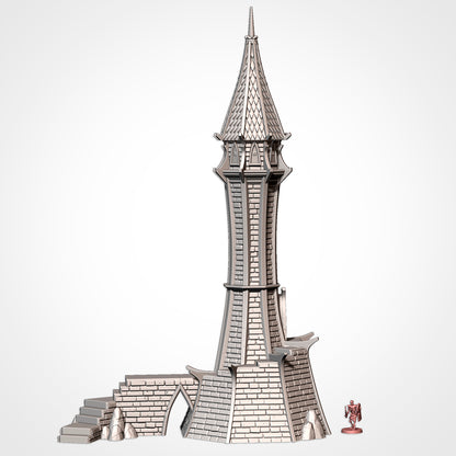 A 3D model of a tall, ornate tower with a pointed roof and a small figure of a person standing next to it.