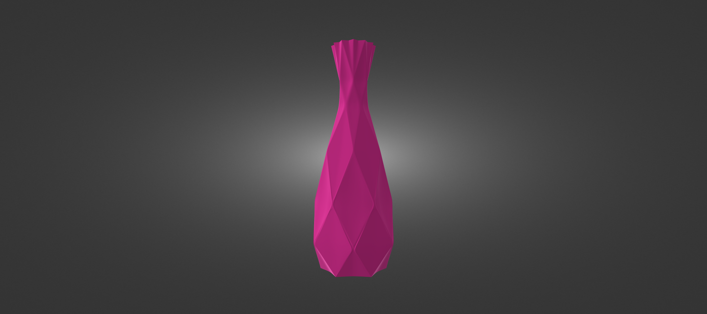 A 3D rendering of a pink, diamond-shaped vase against a dark background.