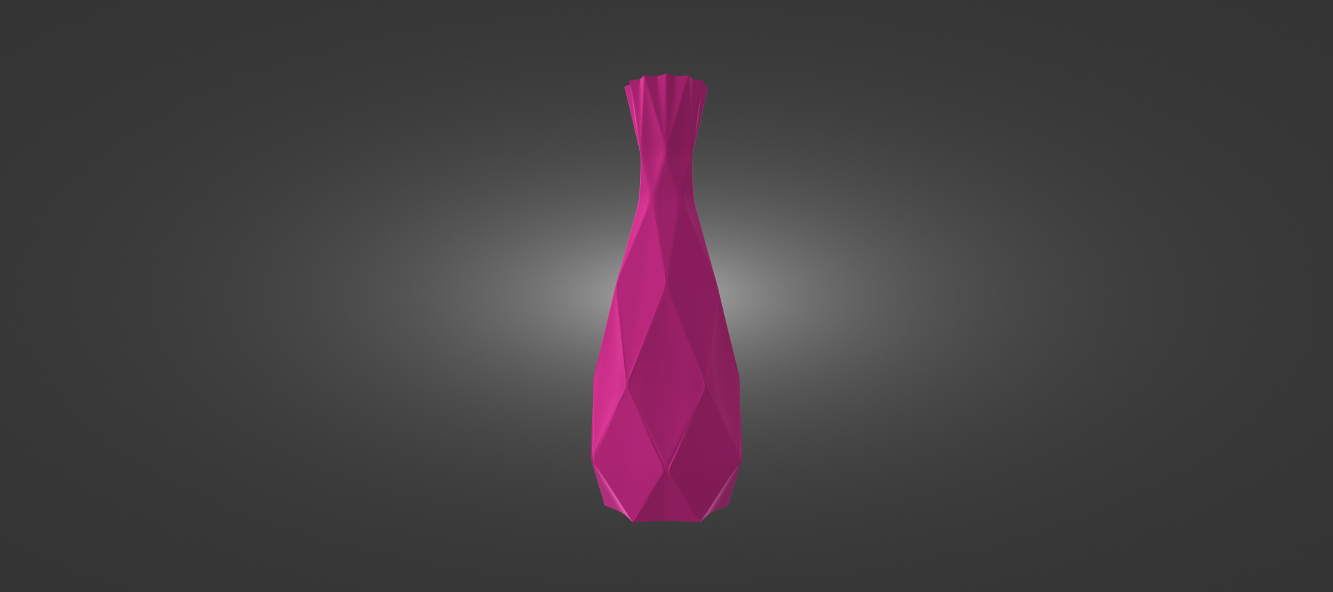 A 3D rendering of a pink, diamond-shaped vase against a dark background.