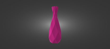 A 3D rendering of a pink, diamond-shaped vase against a dark background.