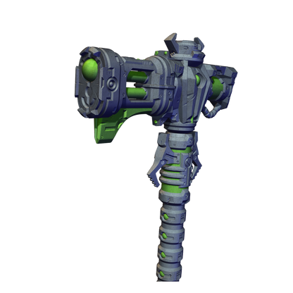 A 3D rendering of a futuristic-looking gun with a green and gray color scheme.
