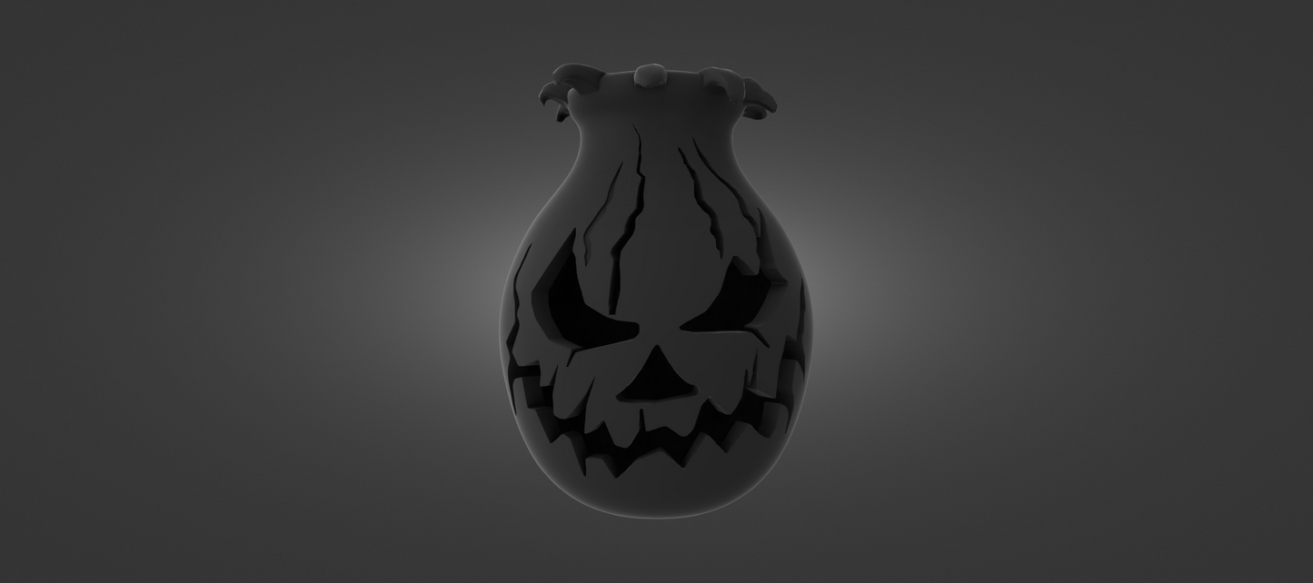 A dark, ominous-looking pumpkin-shaped object with a menacing expression, set against a dark background.