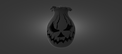 A dark, ominous-looking pumpkin-shaped object with a menacing expression, set against a dark background.