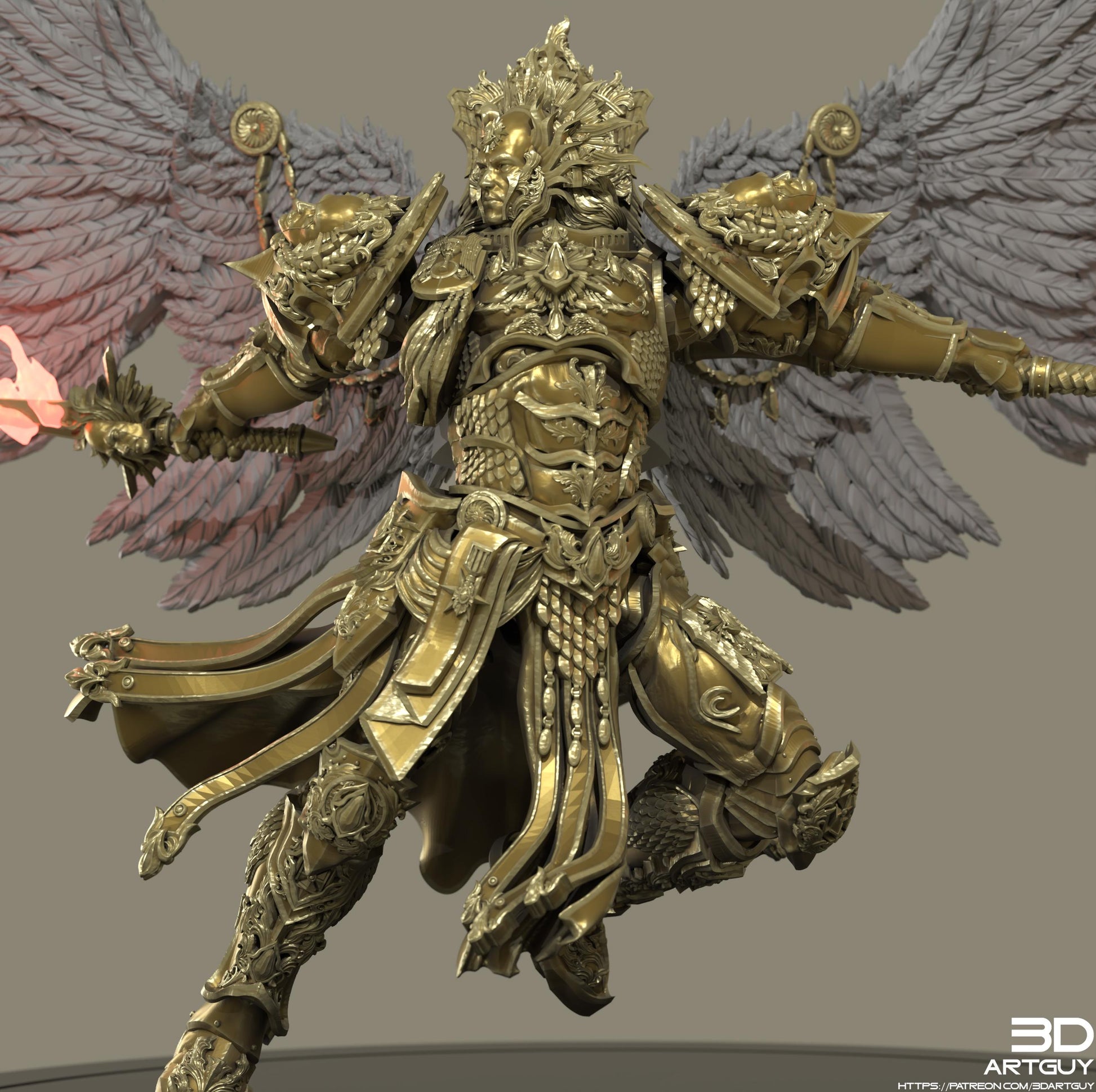 A highly detailed and ornate golden armor figure with wings, standing in a dynamic pose.