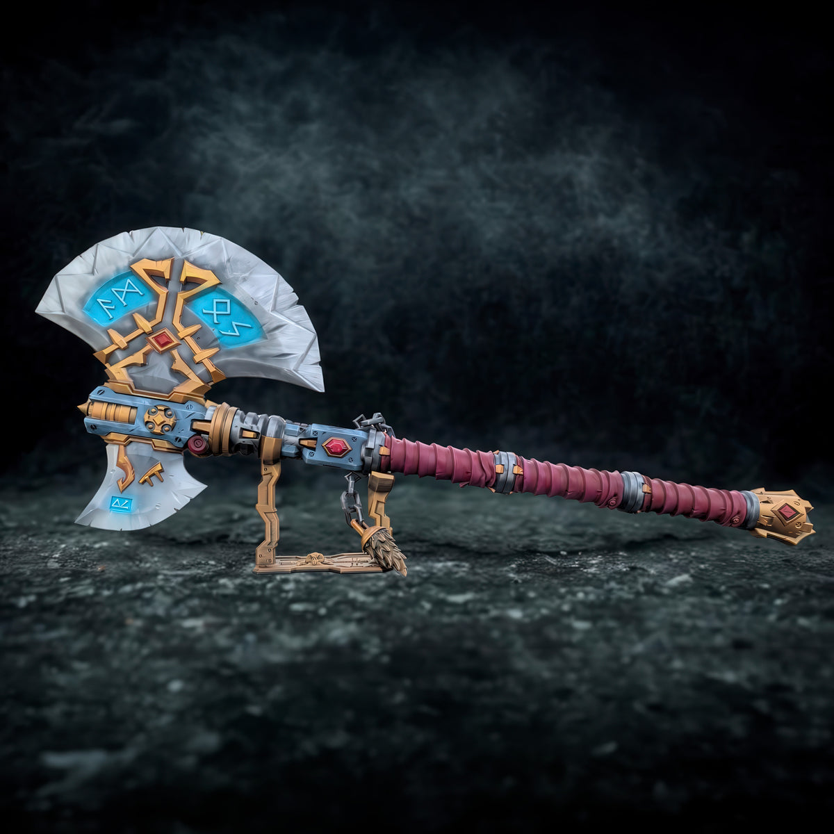 A detailed and ornate fantasy weapon, possibly a sword or axe, with intricate designs and patterns. The weapon appears to be a collectible item or a prop, displayed on a stand against a dark background.