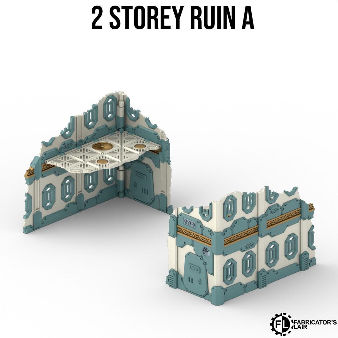 a 3D rendering of a 2-story ruin, which appears to be a small, blue and white structure. The ruins are designed in a futuristic style, with intricate details and a unique, angular design. The ruins are set against a plain white background, making the colors and details stand out prominently.