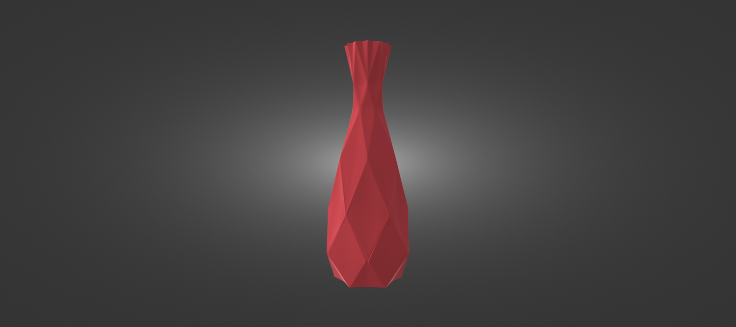 A red, geometric vase stands alone against a dark background.