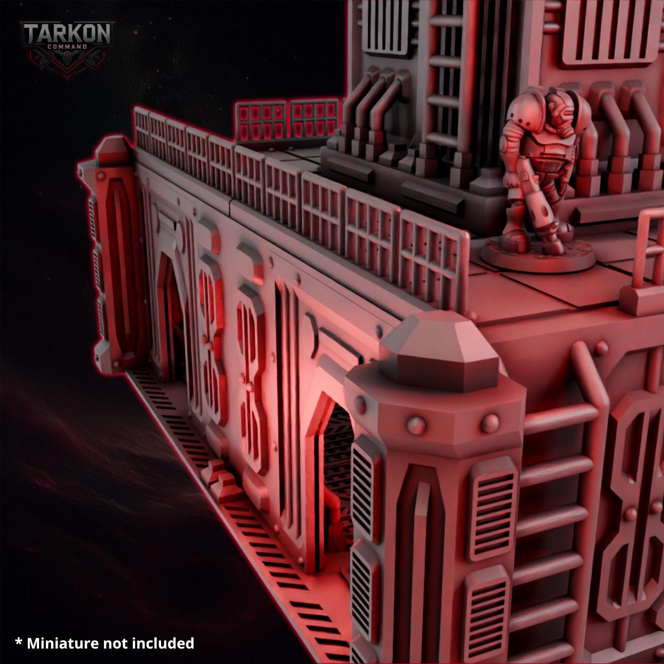 The image is a 3D rendering of a futuristic, metallic structure with intricate details and a red-tinted appearance, possibly resembling a space station or other advanced architectural design.