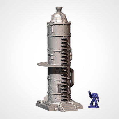 A tall, metallic tower with a circular opening at the top, and a small figurine of a person standing next to it.