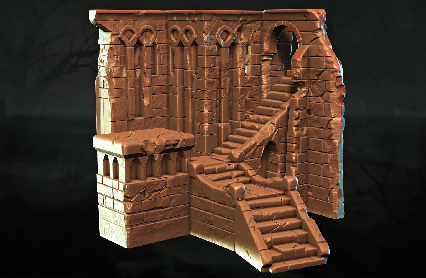 A 3D rendering of a stone structure with intricate architectural details, including arches, columns, and a set of stairs leading up to a platform.