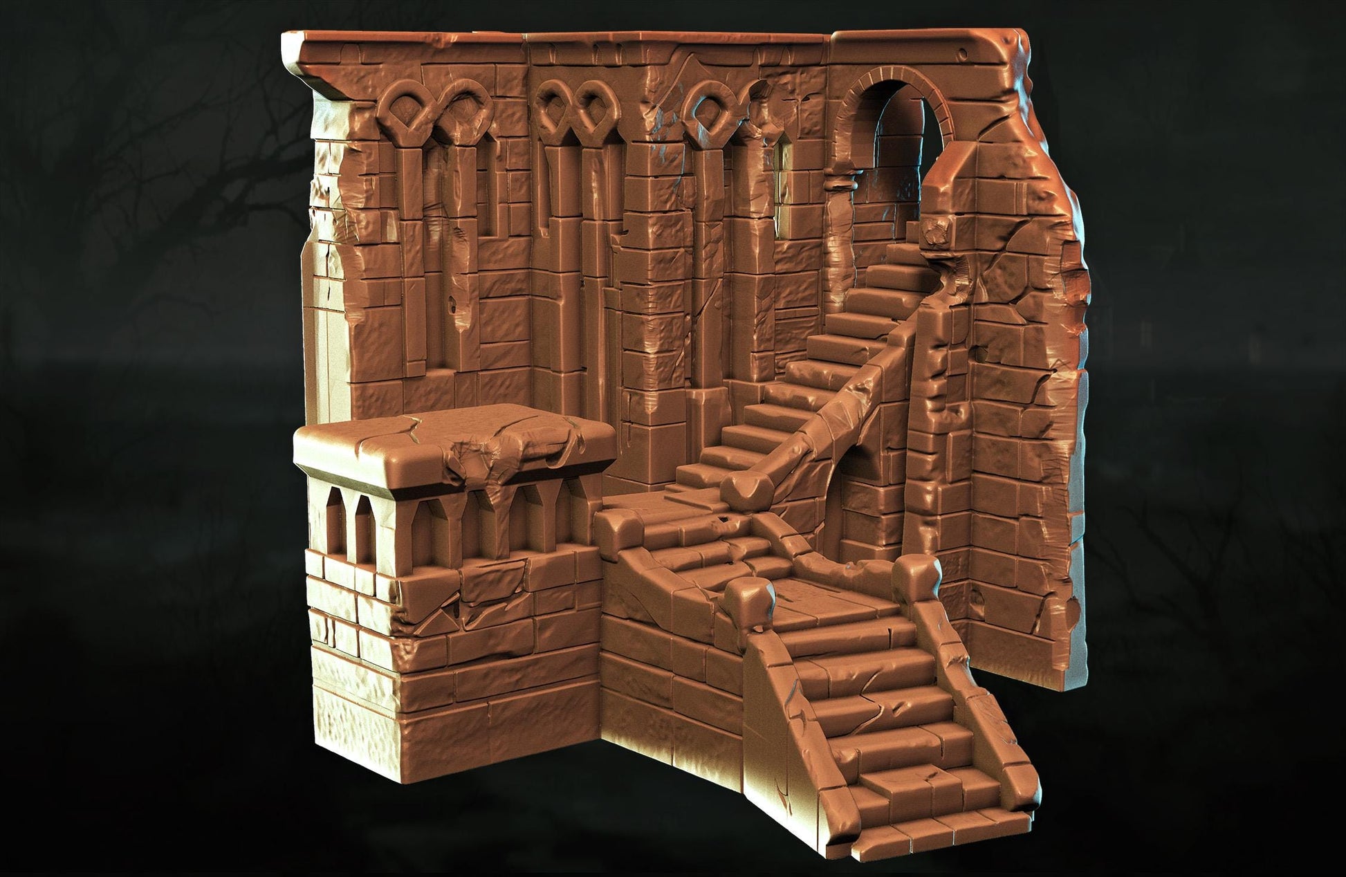 A 3D rendering of a stone structure with intricate architectural details, including arches, columns, and a set of stairs leading up to a platform.
