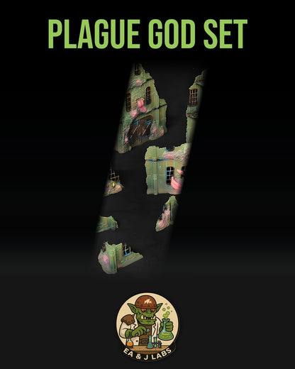The image is a poster for a game called "Plague God Set". It features a dark background with a green and pink color scheme, and includes a small illustration of a green creature with a human-like face.
