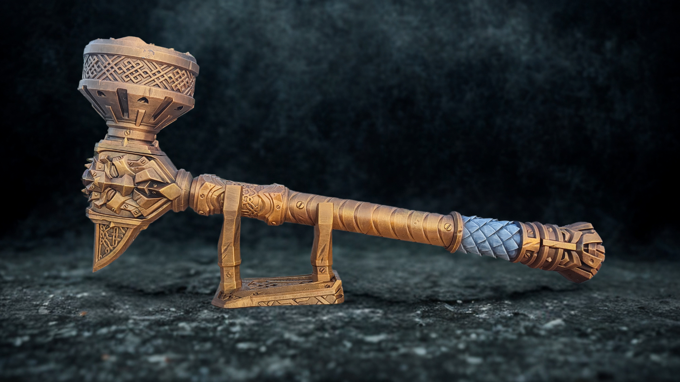 A golden and intricately designed weapon, possibly a sword or spear, is displayed on a stand against a dark background.