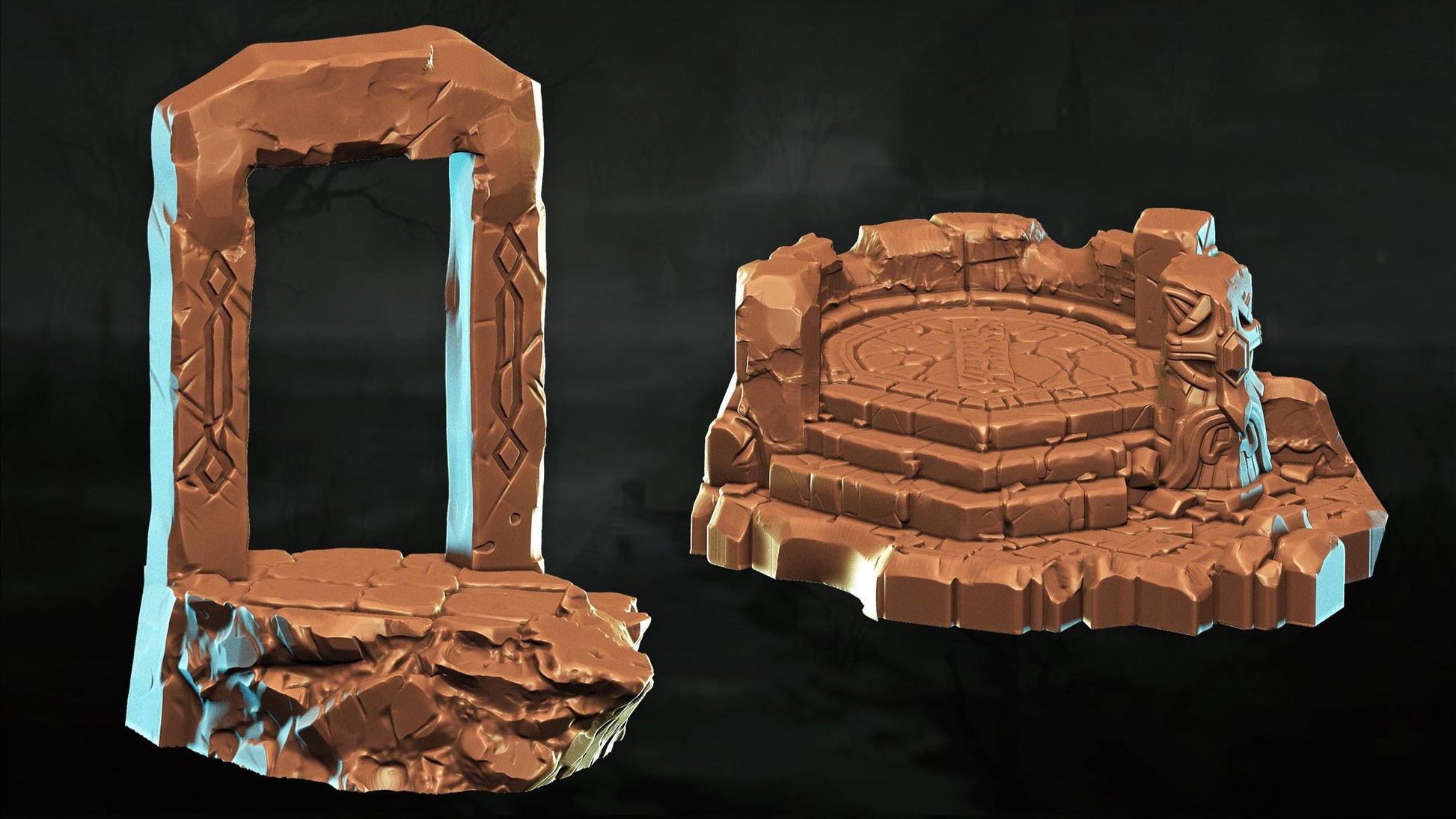 two 3D models of stone structures, including a large arch and a smaller platform, set against a dark background.